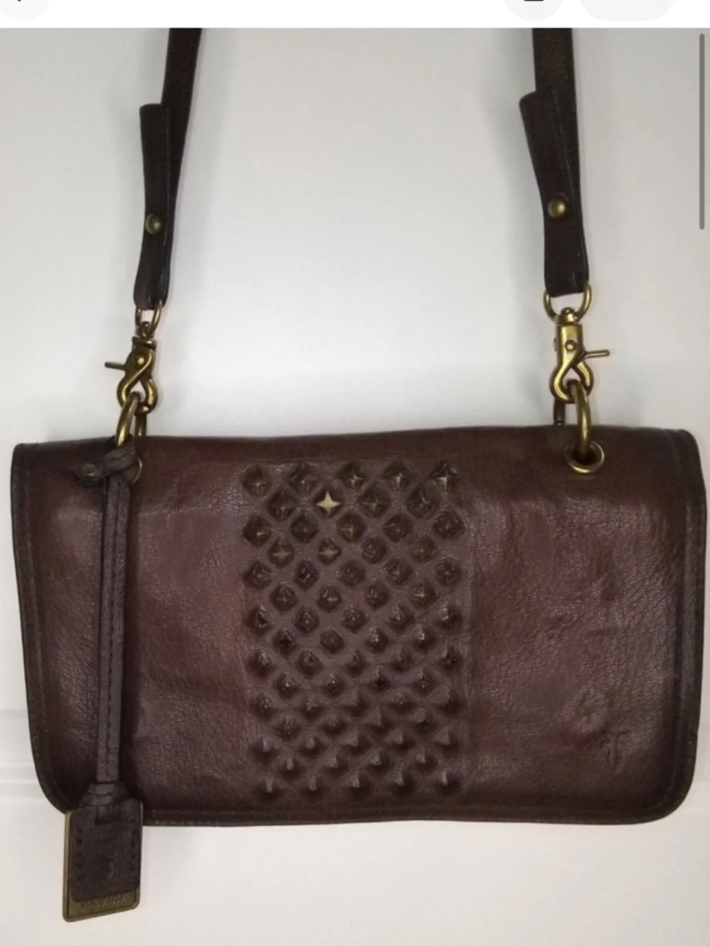 Frye Brown Leather Studded Crossbody Bag Boho Western Distressed Purse
